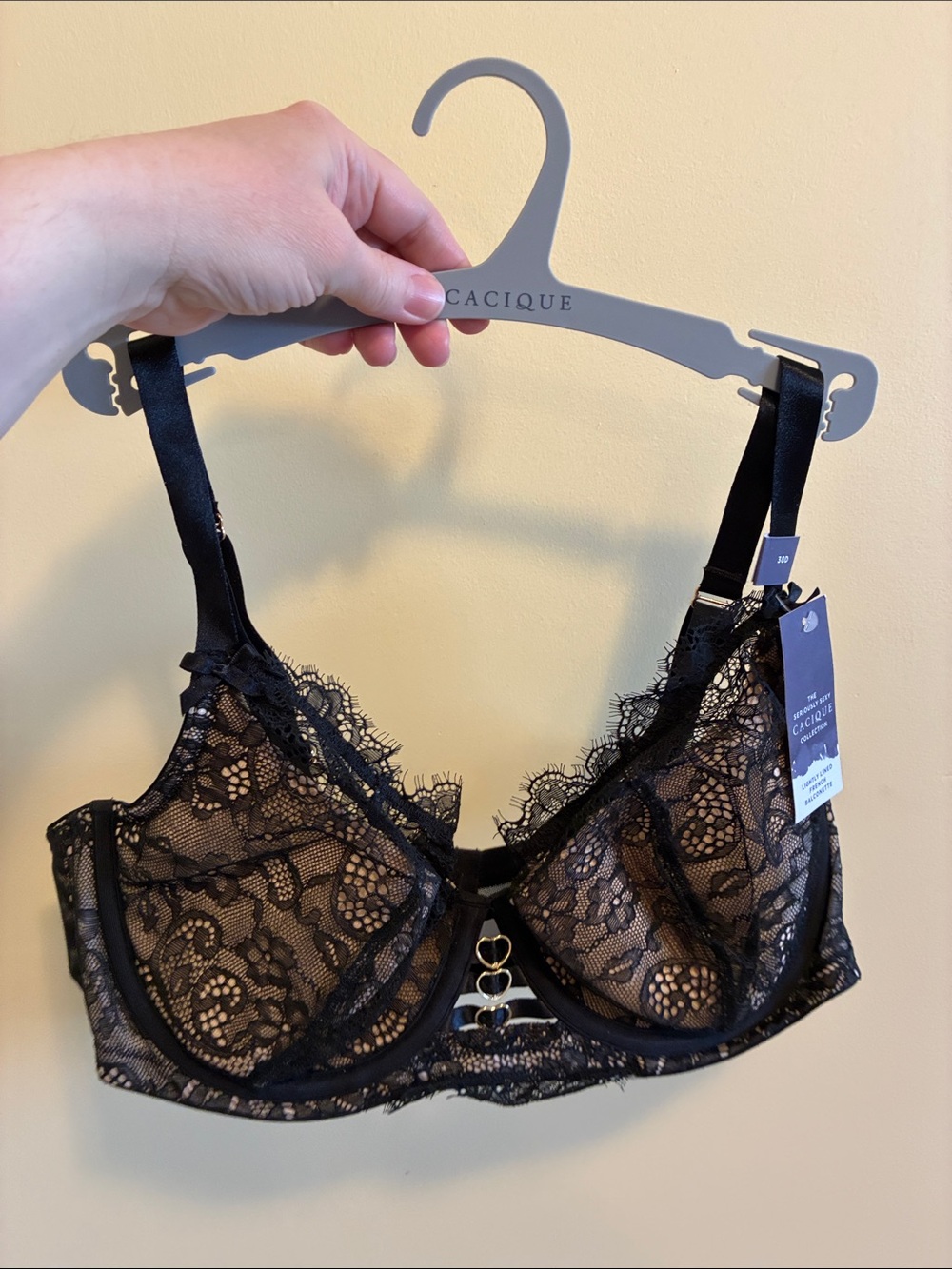 Cacique Black Lace Underwire Bra with Heart Accent